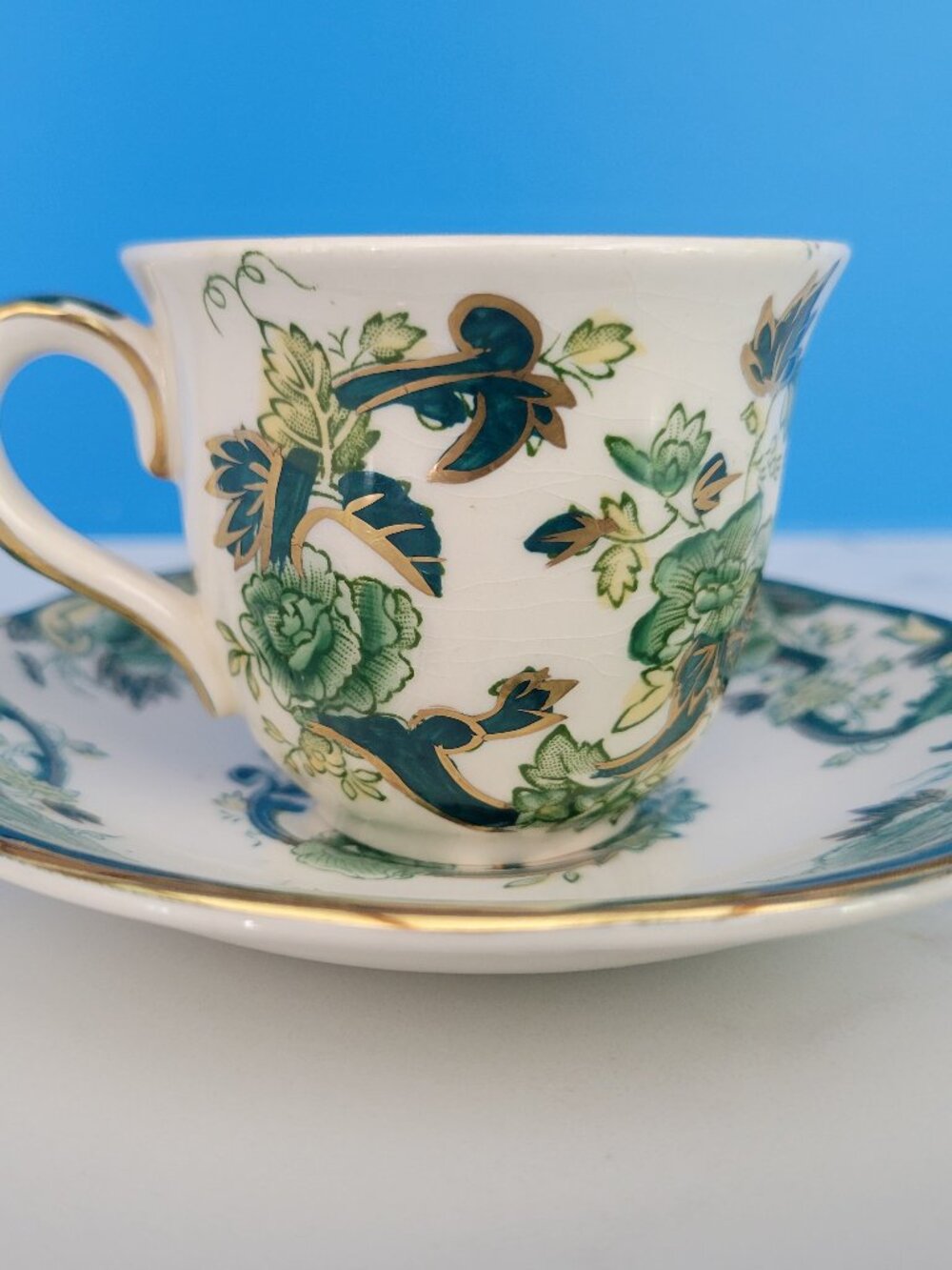 VTG Mason’s England Chartreuse Ironstone Teacup Saucer Green Gold Chinoiserie